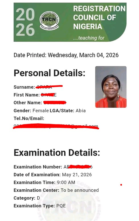 TRCN exam Registration slip 2026